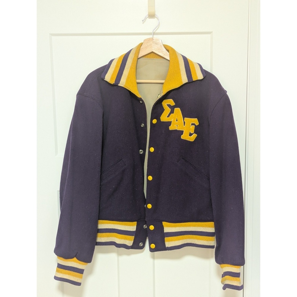 Vintage SAE Fraternity Varsity Jacket Purple Gold Wool Letterman Coat 1950s–60s